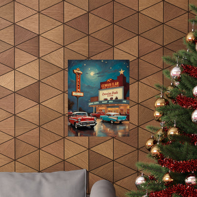 Classic automobile wall art print featuring vintage cars at a diner under the moonlight