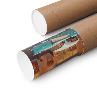 Classic automobile wall art print rolled in a protective tube for easy storage and display