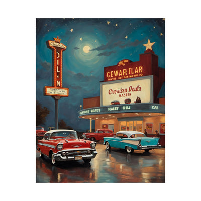 Vintage scene featuring classic automobiles wall art print with a retro drive-in theater at night