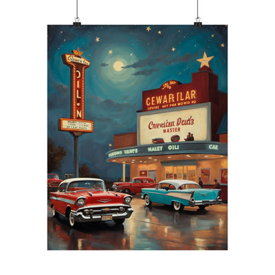 Classic automobile wall art print featuring vintage cars outside a retro drive-in theater at night