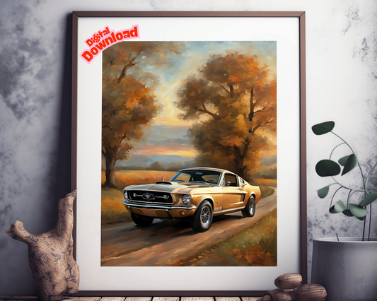 Classic car art autumn country road digital download framed print with vintage car and fall trees
