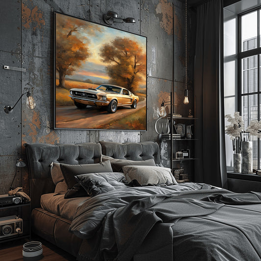 Classic car art autumn country road painting above bed in modern industrial bedroom interior