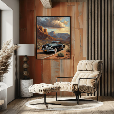 Classic car art print for home displayed in a modern living room with beige lounge chair and wooden wall