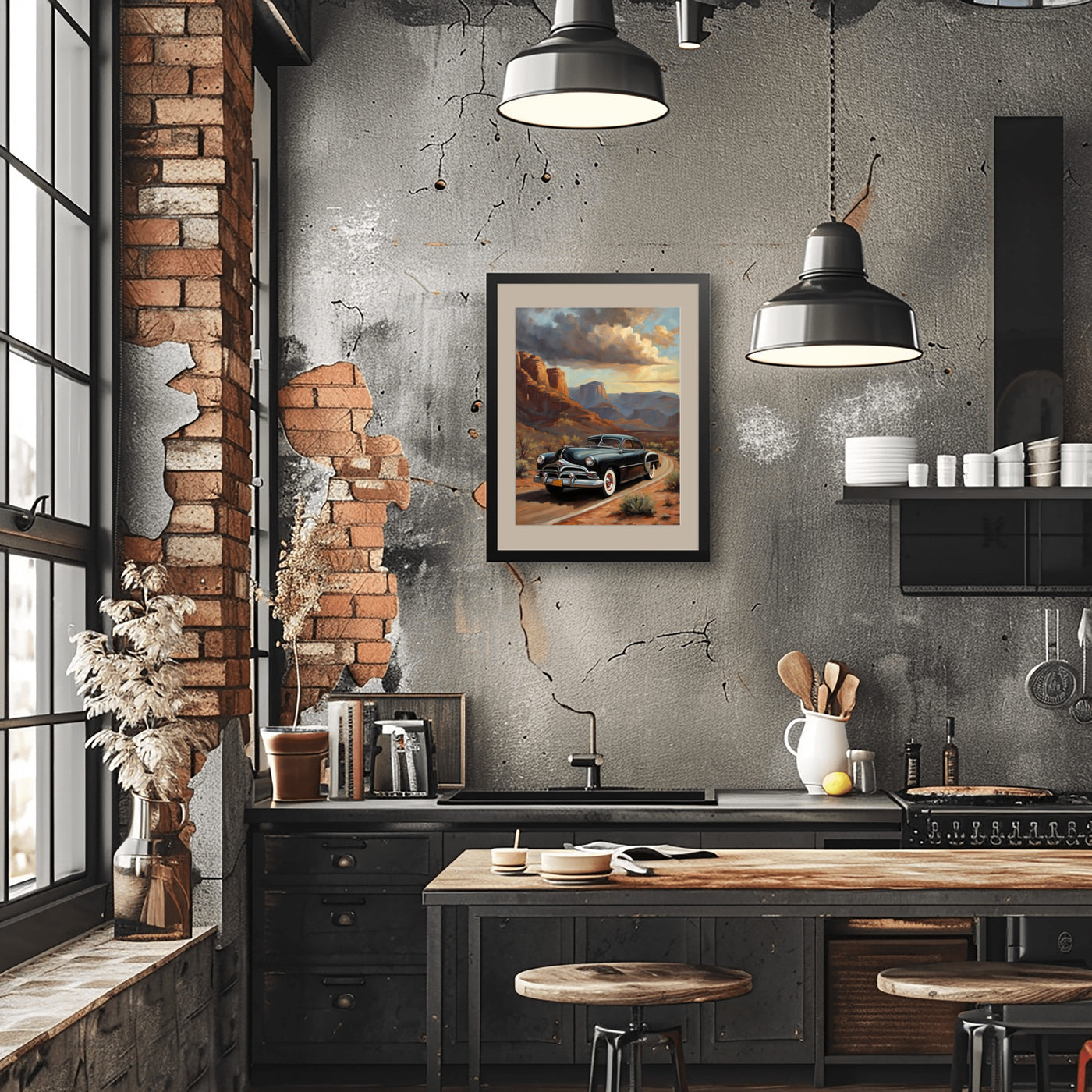 Classic car art print for home displayed in rustic kitchen with brick and concrete walls