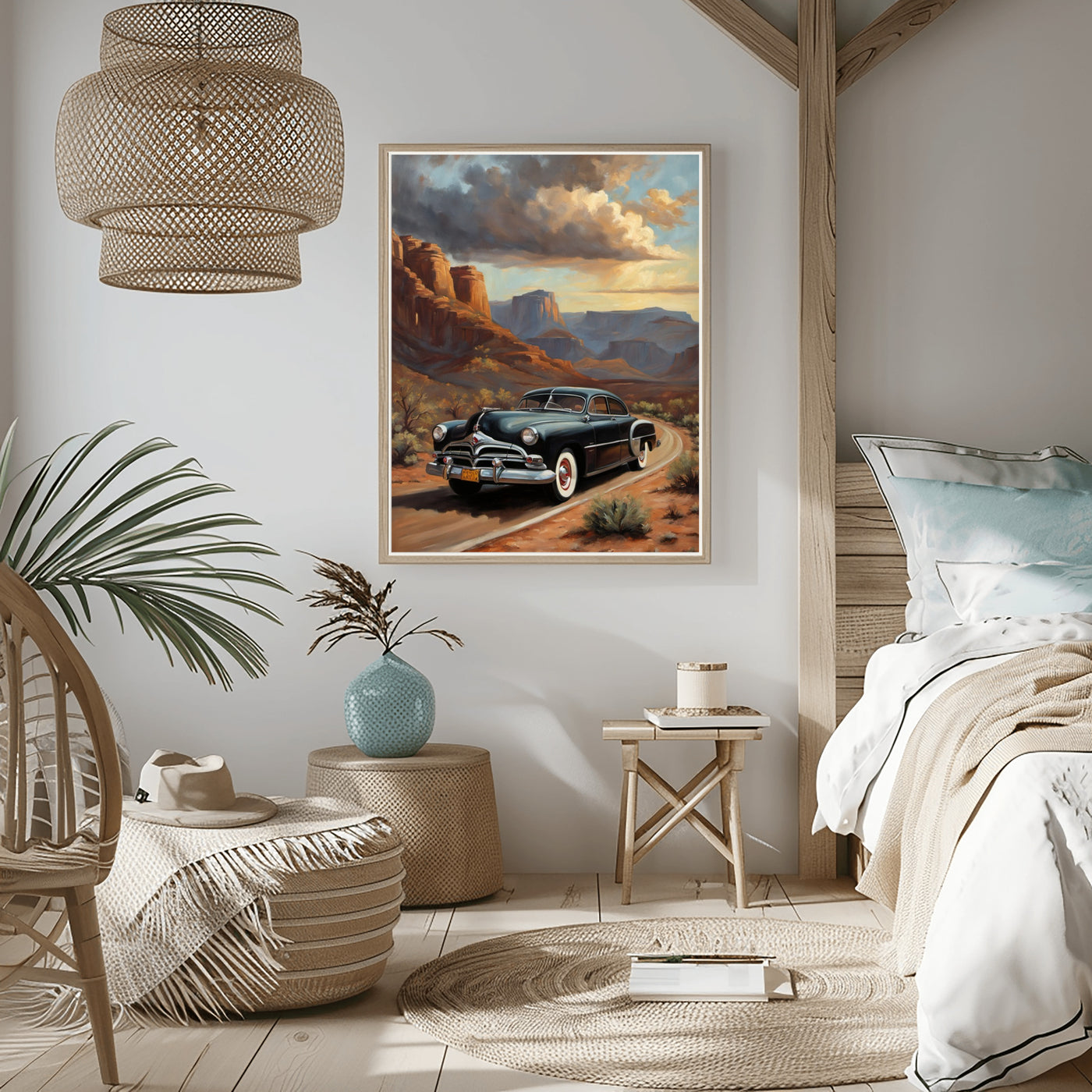 Classic car art print for home featuring a vintage black car on a desert road with mountains and dramatic sky