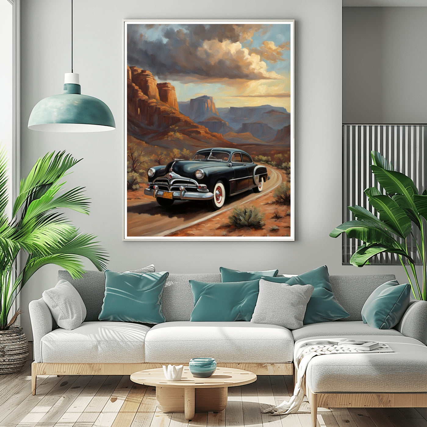 AquilVision classic car art print for home featuring a vintage black car on a scenic desert road in a living room