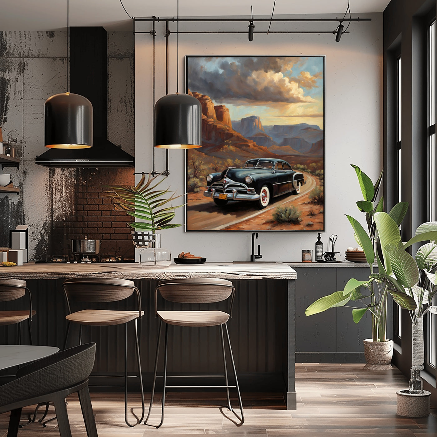 Classic car art print for home featuring a vintage black car in a desert landscape above modern kitchen island