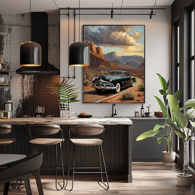 Classic car art print for home featuring a vintage black car in a desert landscape above modern kitchen island
