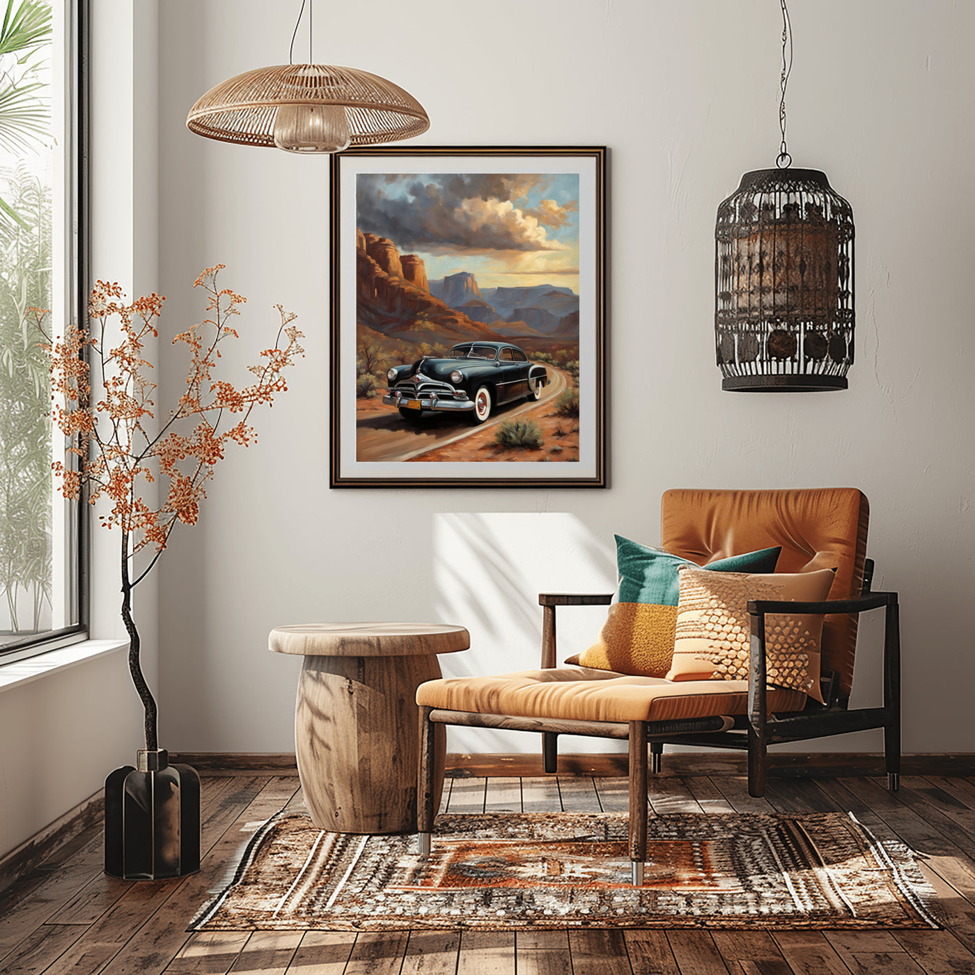 Classic car art print for home wall decor in a cozy modern living room with an armchair and wooden accents