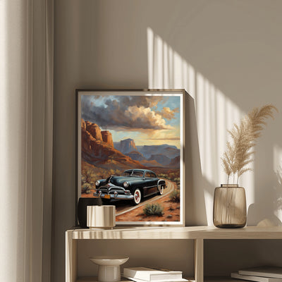 Classic car art print for home featuring a vintage black car in a desert landscape with mountains and dramatic sky