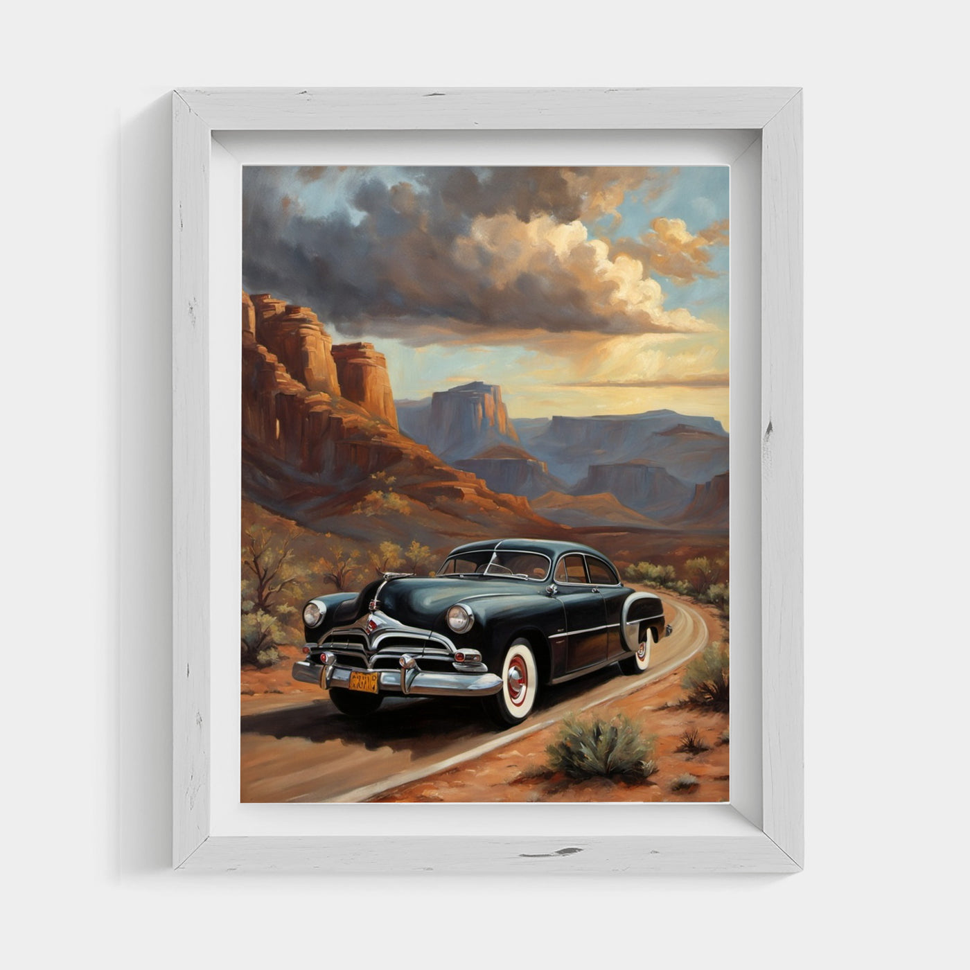 Classic car art print for home showing a vintage black car driving on a desert road with rocky cliffs