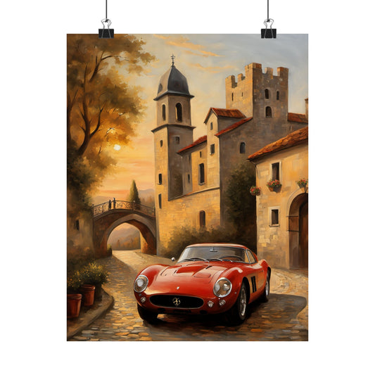 Classic Car Art Print featuring a red vintage sports car in a scenic village setting