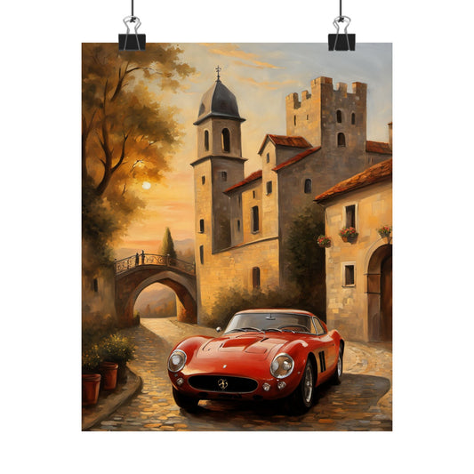 Classic Car Art Print featuring a red vintage car parked near a picturesque medieval building