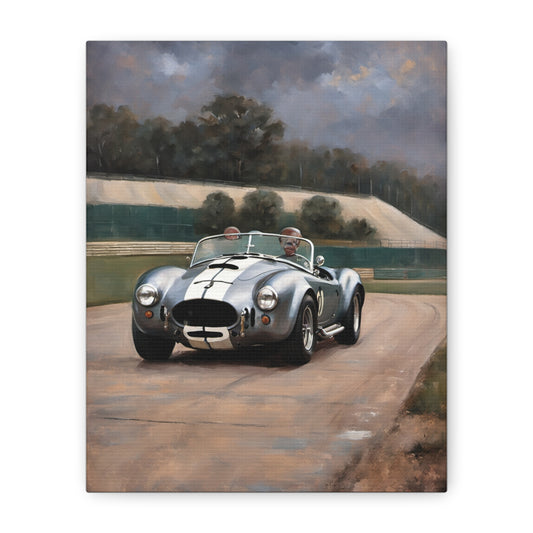Classic Car Canvas Print featuring a silver convertible racing on a scenic track
