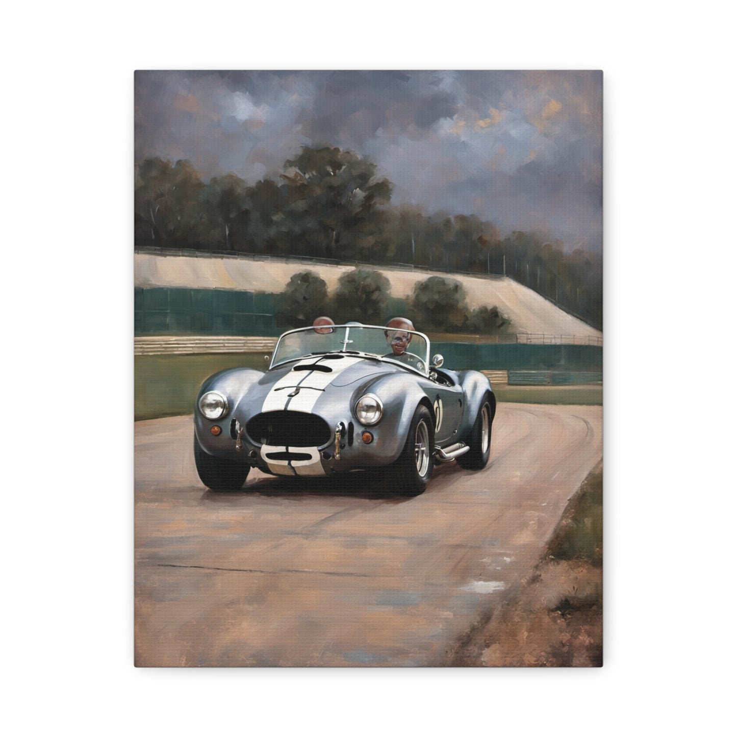Classic Car Canvas Print featuring a vintage silver sports car on a scenic racetrack