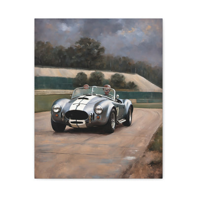 Classic Car Canvas Print featuring a vintage sports car on a racetrack with scenic background