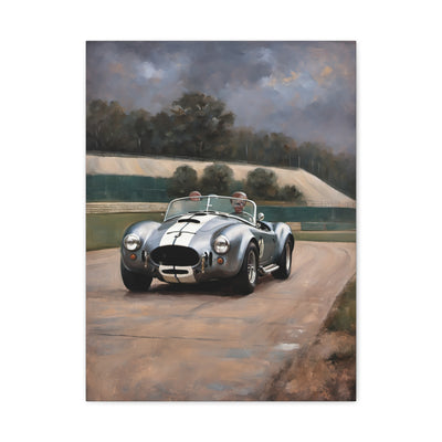 Classic Car Canvas Print featuring a silver convertible racing on a track with a scenic background