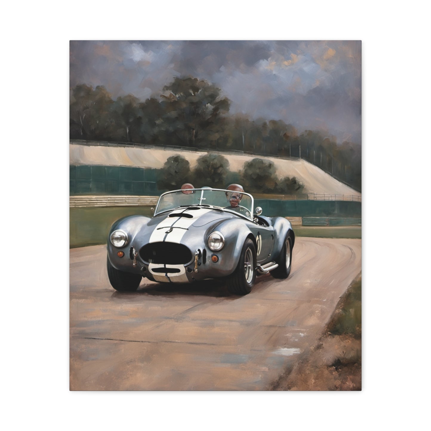Classic Car Canvas Print featuring a silver sports car with two passengers driving on a racetrack