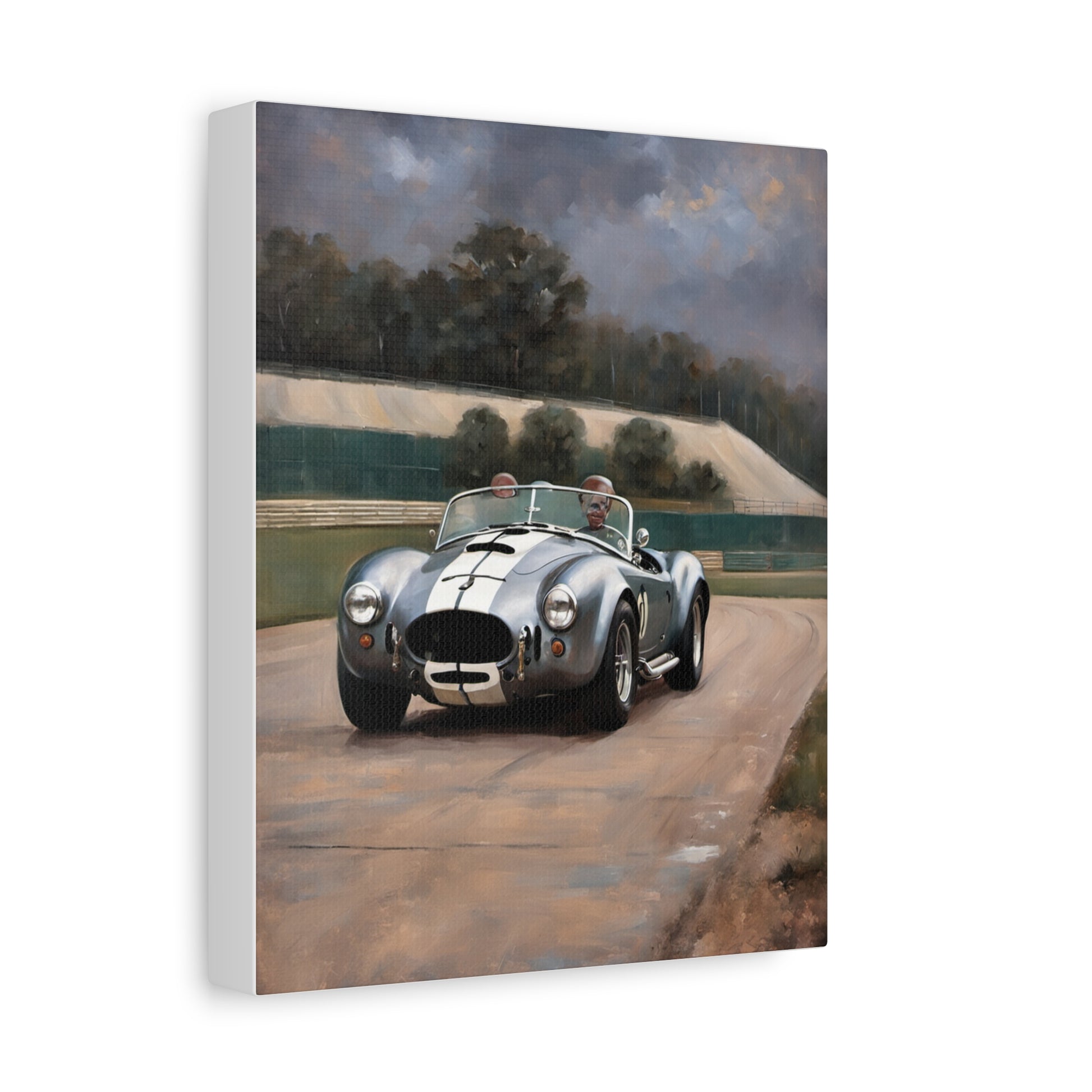 Classic Car Canvas Print featuring a vintage sports car on a race track with scenic background