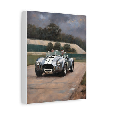 Classic Car Canvas Print featuring a vintage sports car on a race track with scenic background