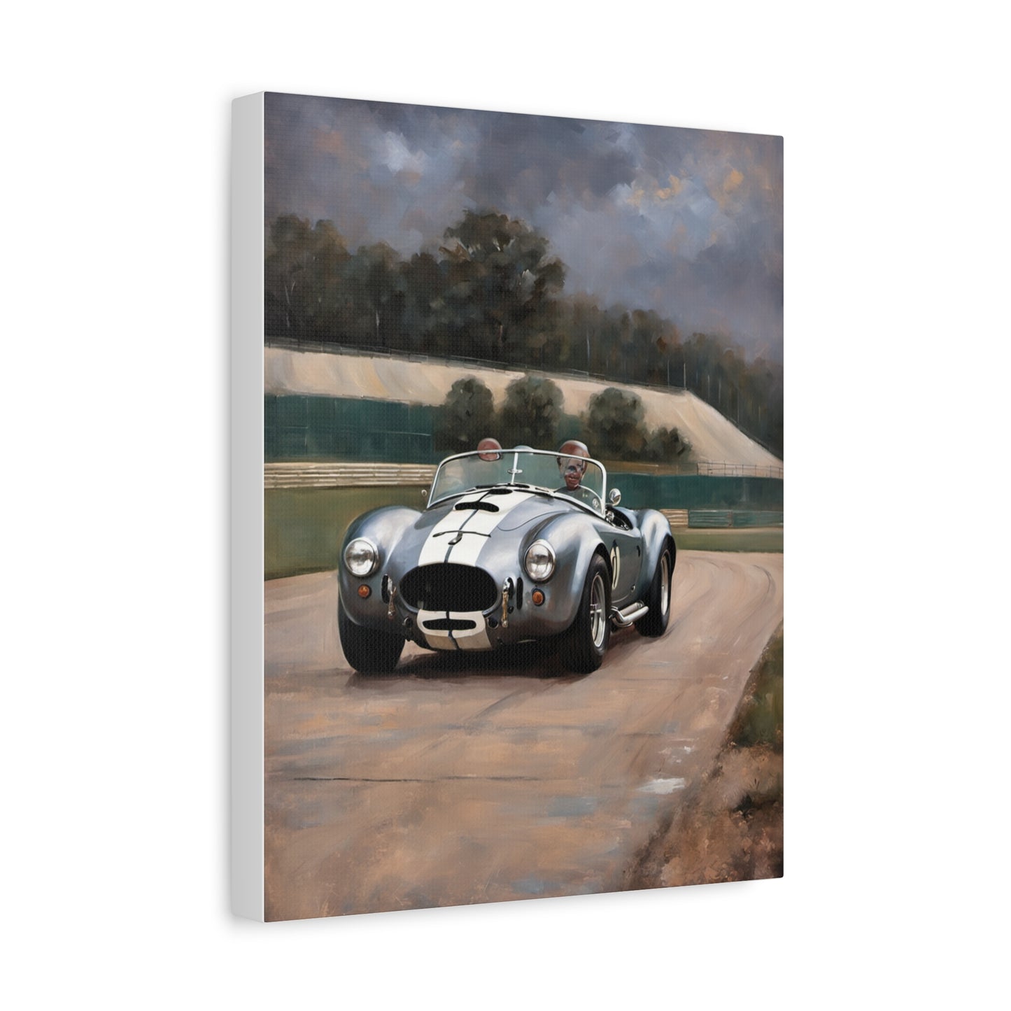 Classic Car Canvas Print featuring a vintage silver sports car on a racetrack