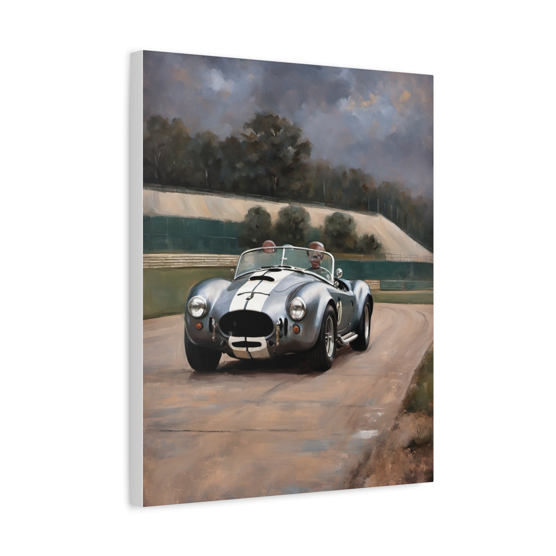 Classic Car Canvas Print featuring a vintage racing car on a scenic track backdrop
