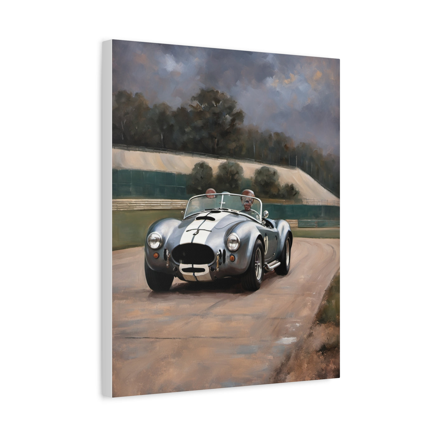 Classic Car Canvas Print featuring a vintage racing car on a scenic track backdrop