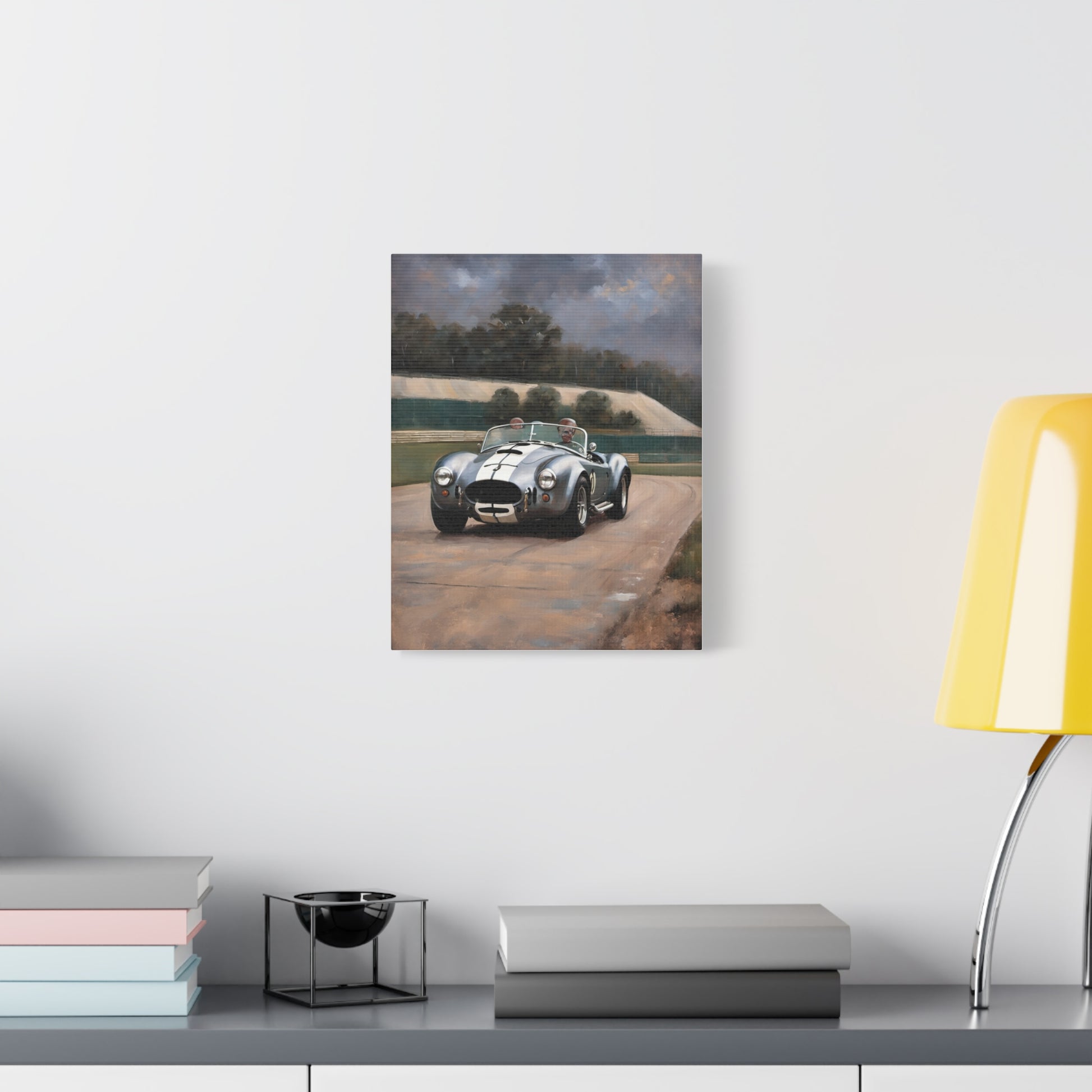 Classic Car Canvas Print featuring a vintage sports car on a racetrack backdrop