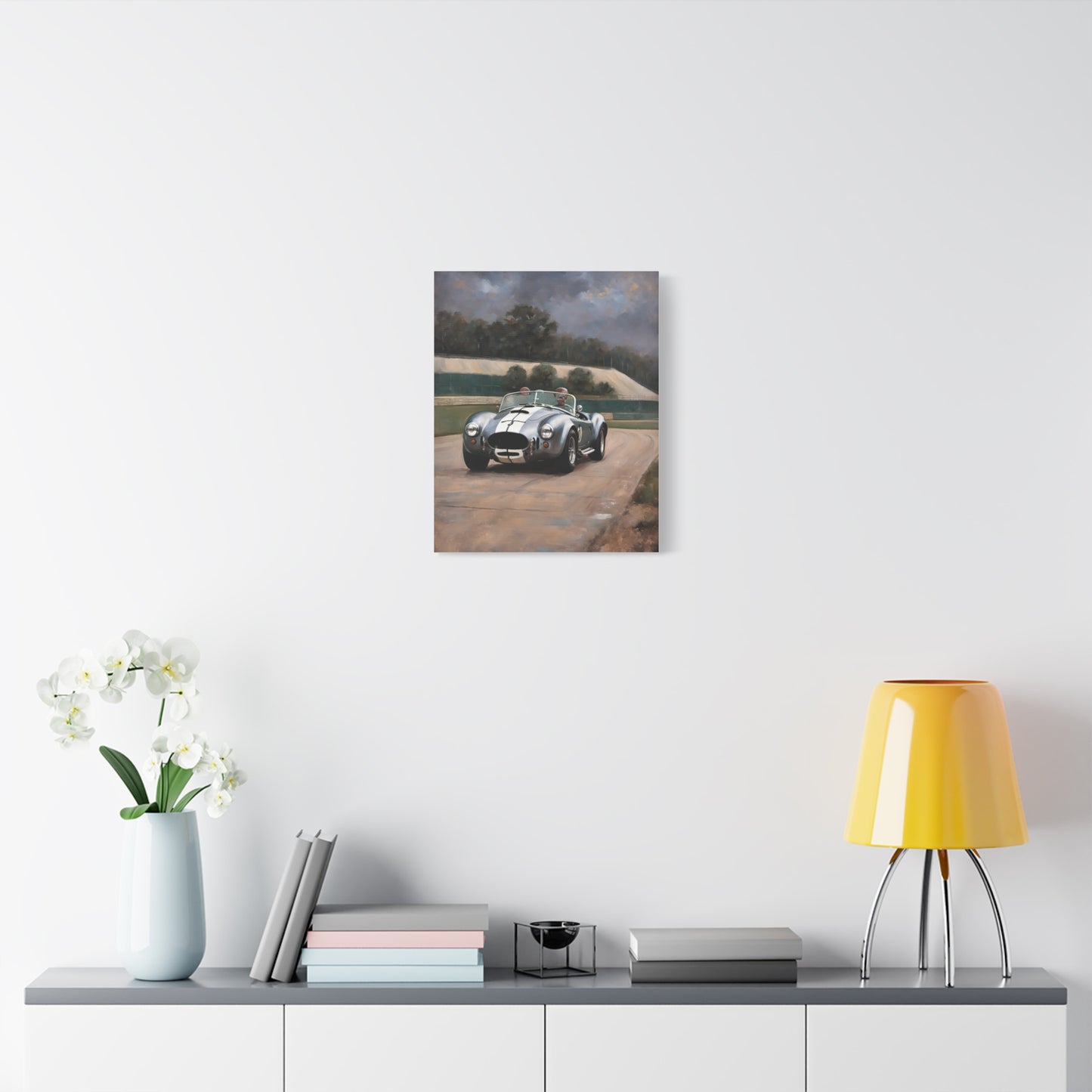 Classic Car Canvas Print featuring a vintage racing car on a scenic track wall art