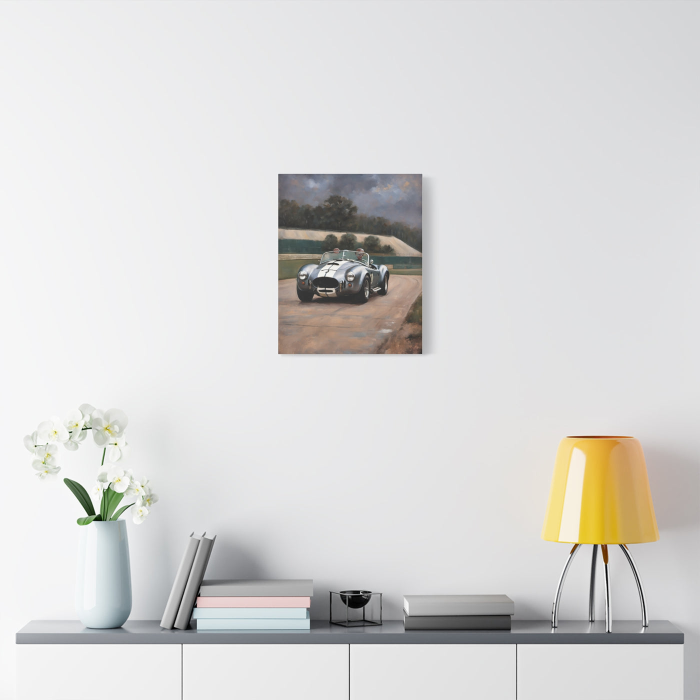 Classic Car Canvas Print featuring a vintage racing car on a scenic track wall art