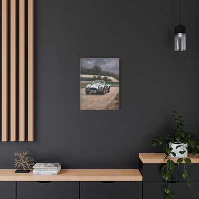 Classic Car Canvas Print displayed on a sleek black wall with modern decor elements
