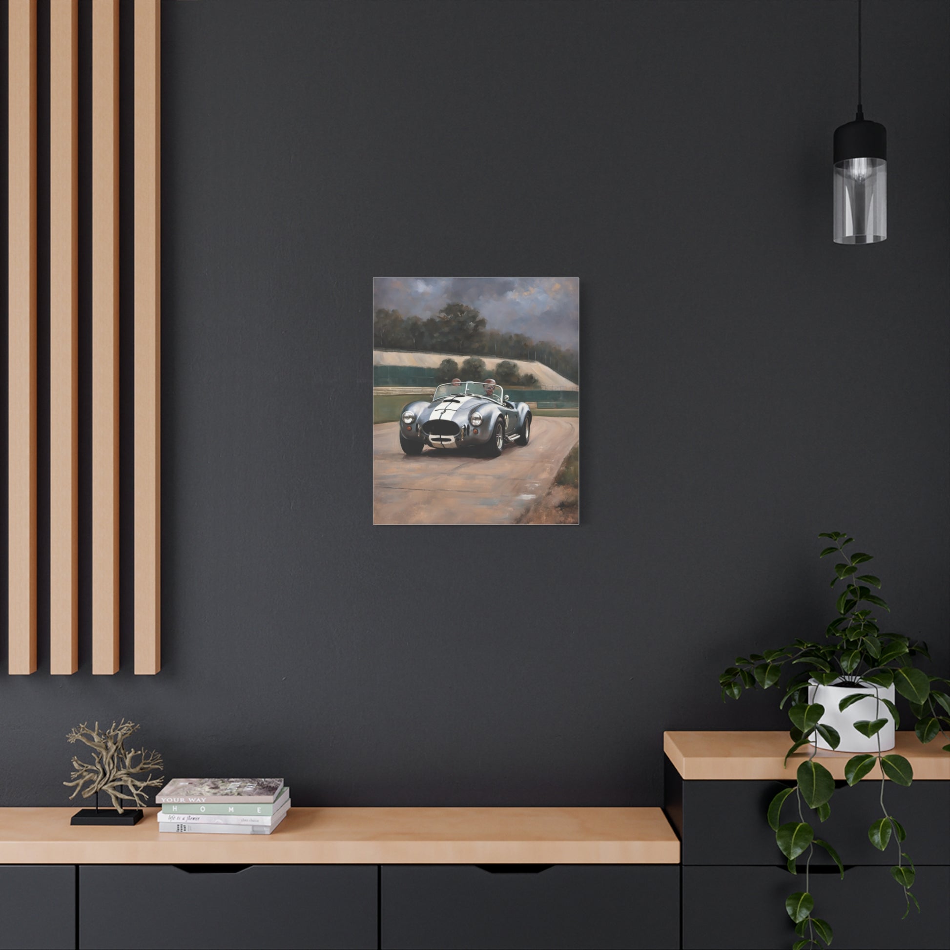 Classic Car Canvas Print featuring a vintage racing car on a scenic road, perfect for home decor