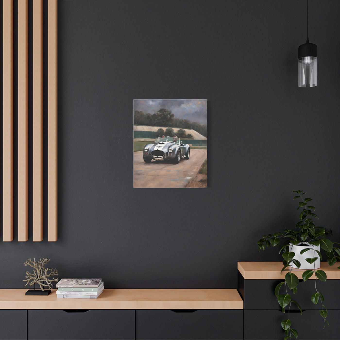 Classic Car Canvas Print featuring a vintage racing car on a scenic road, perfect for home decor