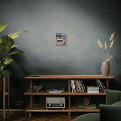 Classic Car Canvas Print displayed on a wooden shelf with plants and decor in a stylish interior