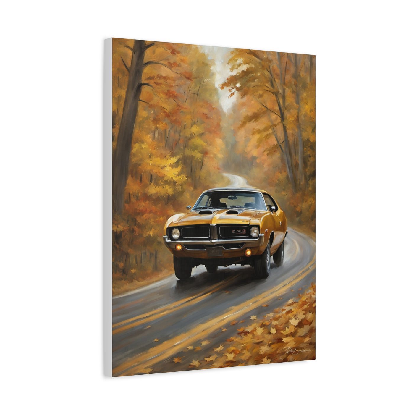 Classic Car Canvas Print featuring a vintage yellow car driving on an autumn tree-lined road