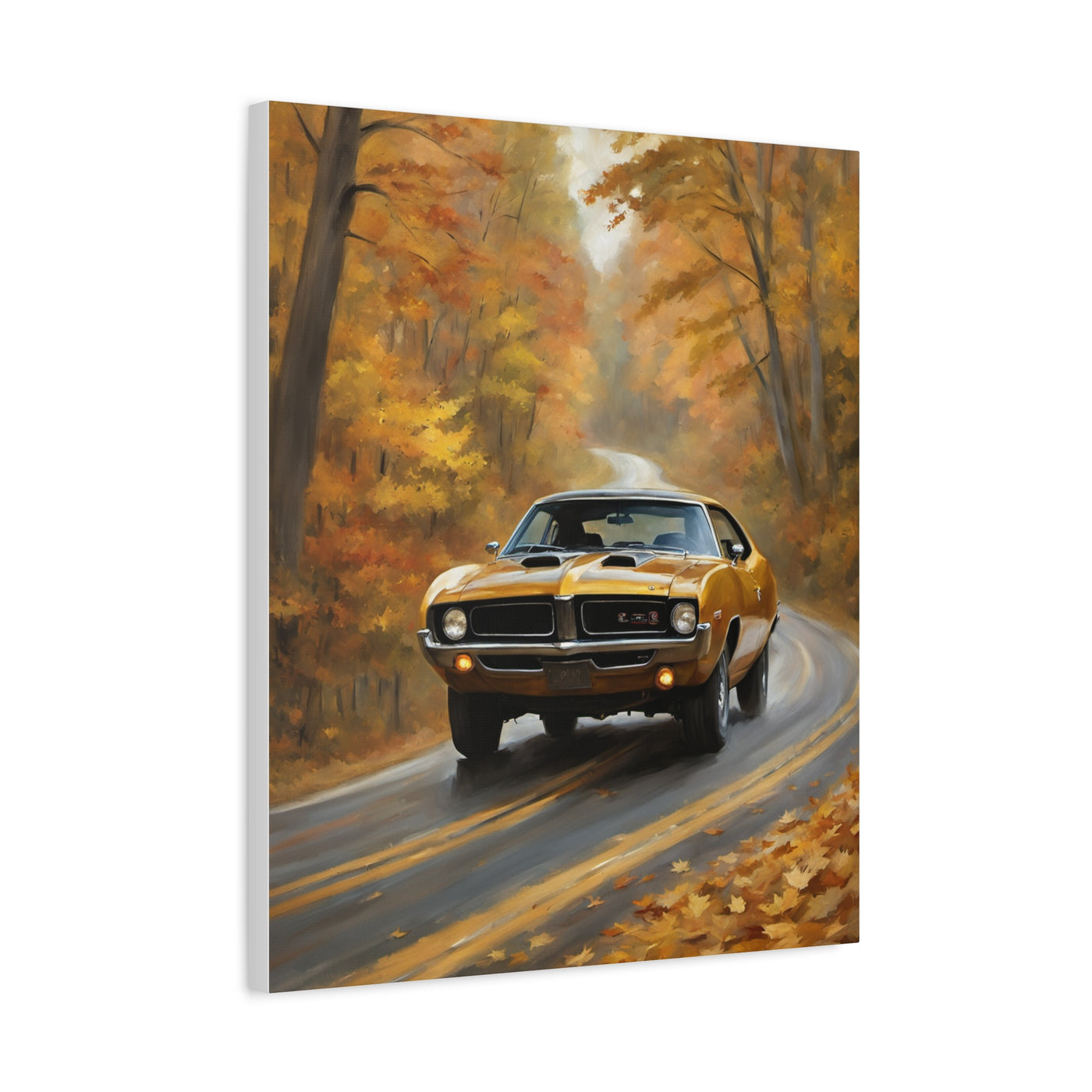 Classic Car Canvas Print featuring a vintage yellow car driving on a scenic autumn road