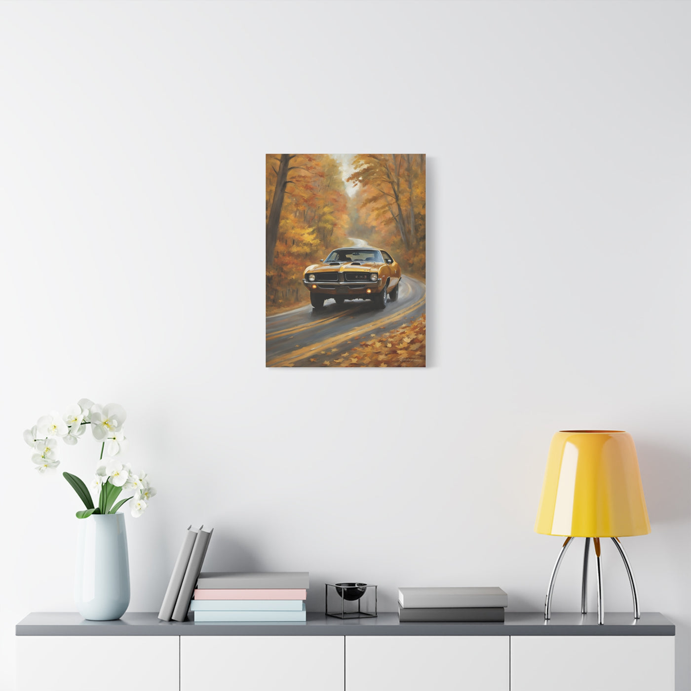 Classic Car Canvas Print featuring a vintage car driving through autumn leaves on a serene road