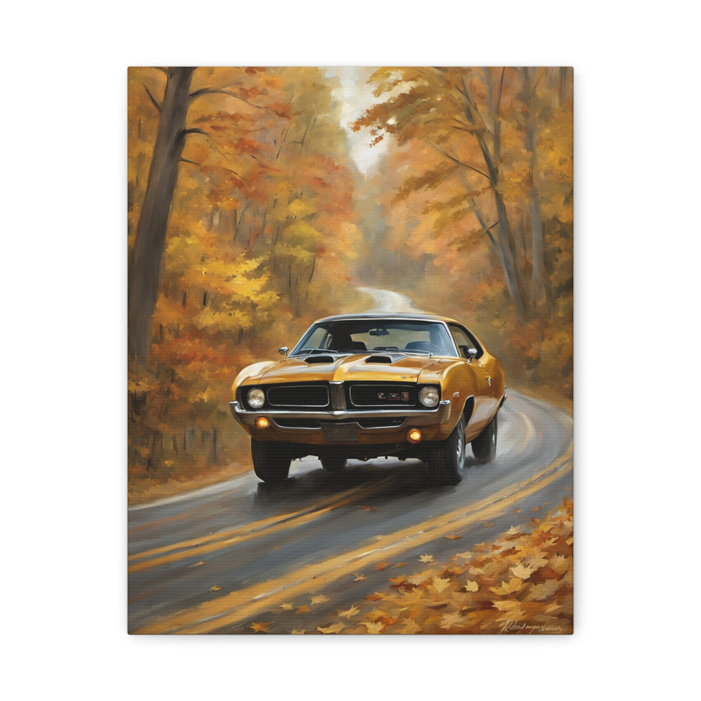 Classic Car Canvas Print featuring a vintage car driving down a scenic fall road with colorful leaves