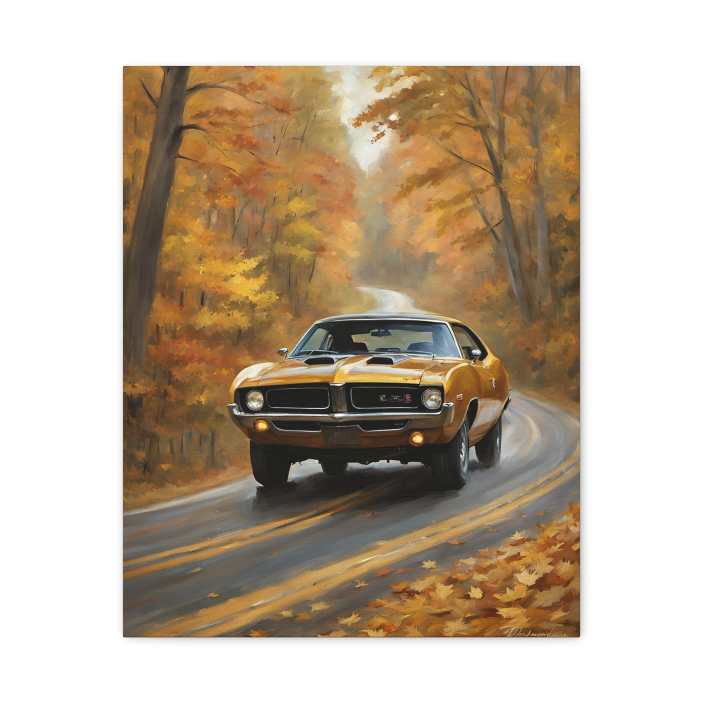Classic Car Canvas Print featuring a retro yellow car driving on a scenic autumn road