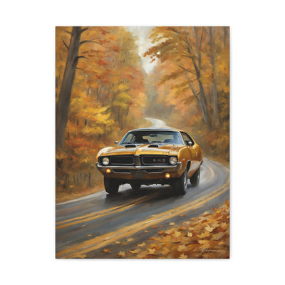 Classic Car Canvas Print featuring a vintage yellow muscle car driving through a scenic autumn landscape