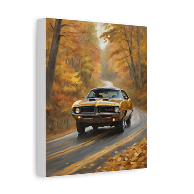 Classic Car Canvas Print featuring a nostalgic yellow car driving on a scenic autumn road
