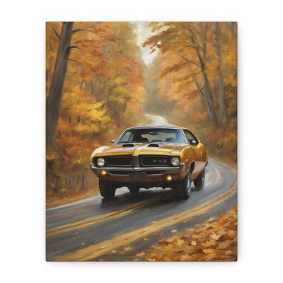 Classic Car Canvas Print featuring a classic yellow car driving on a scenic autumn road