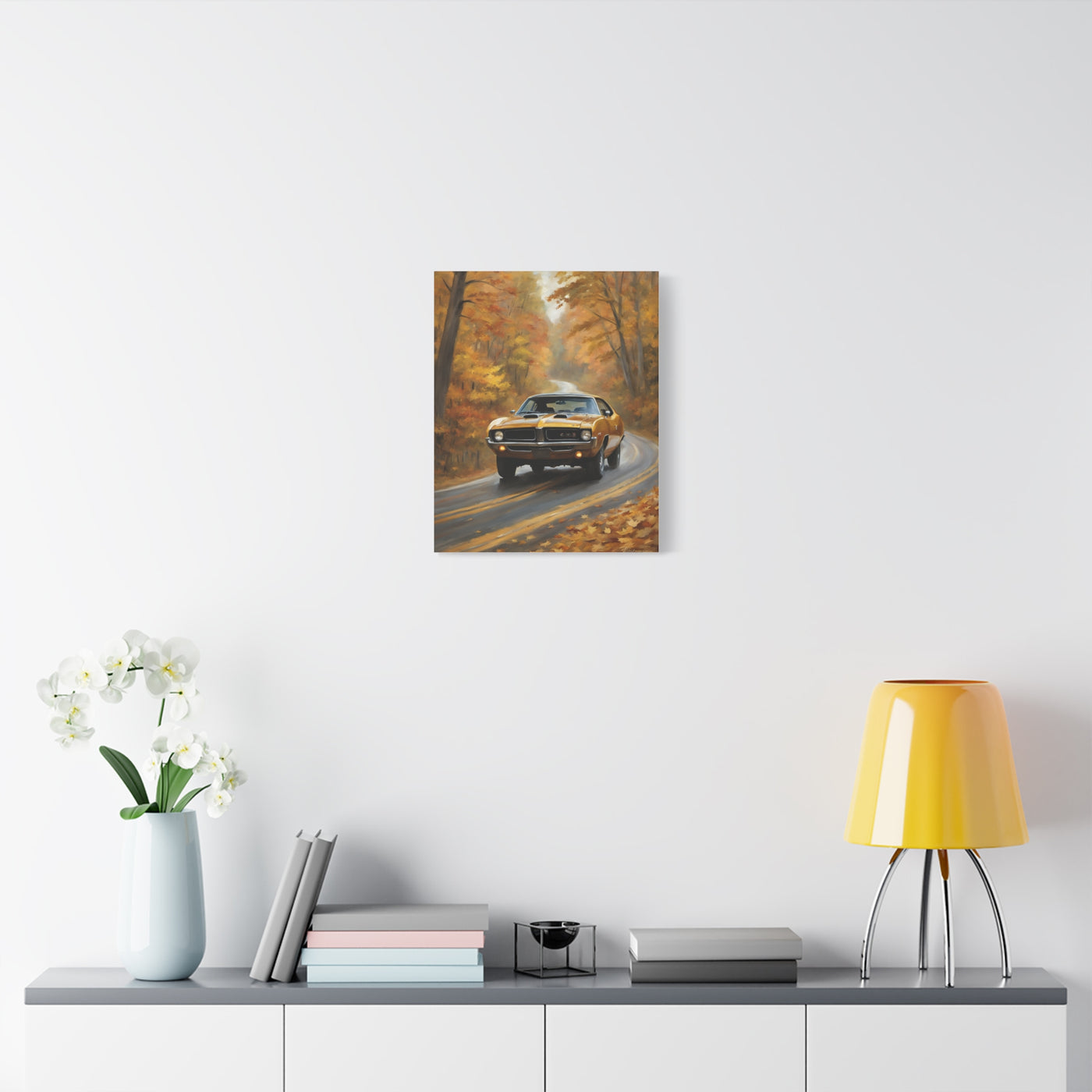 Classic Car Canvas Print depicting a car on a scenic autumn road