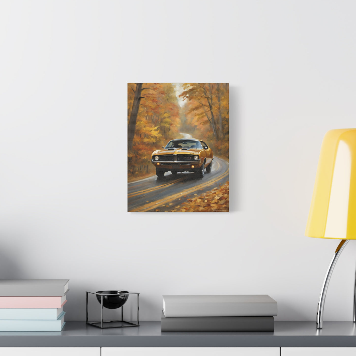 Classic Car Canvas Print featuring a vintage car on a winding road surrounded by autumn foliage
