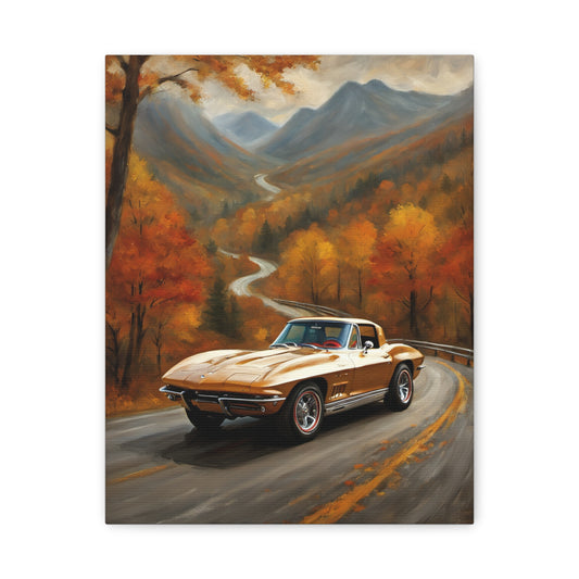 Classic Car Canvas Wall Art featuring a vintage car on a scenic fall road with mountains and trees