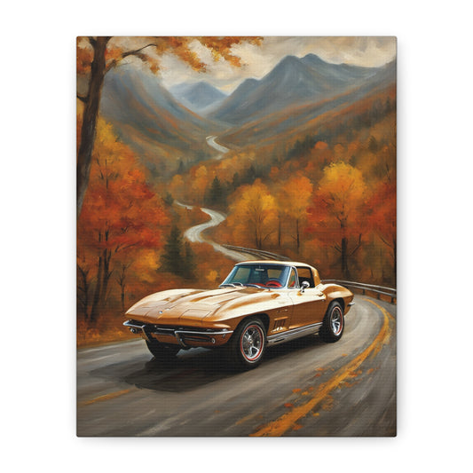 Classic Car Canvas Wall Art featuring a vintage yellow convertible on a scenic autumn road