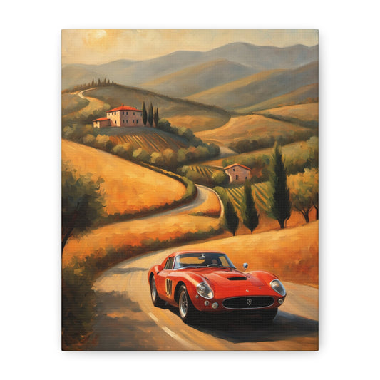 Classic Car Canvas Wall Art featuring a red vintage car driving through a scenic countryside landscape