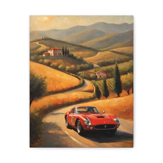 Classic Car Canvas Wall Art featuring a vintage red sports car on a scenic countryside road