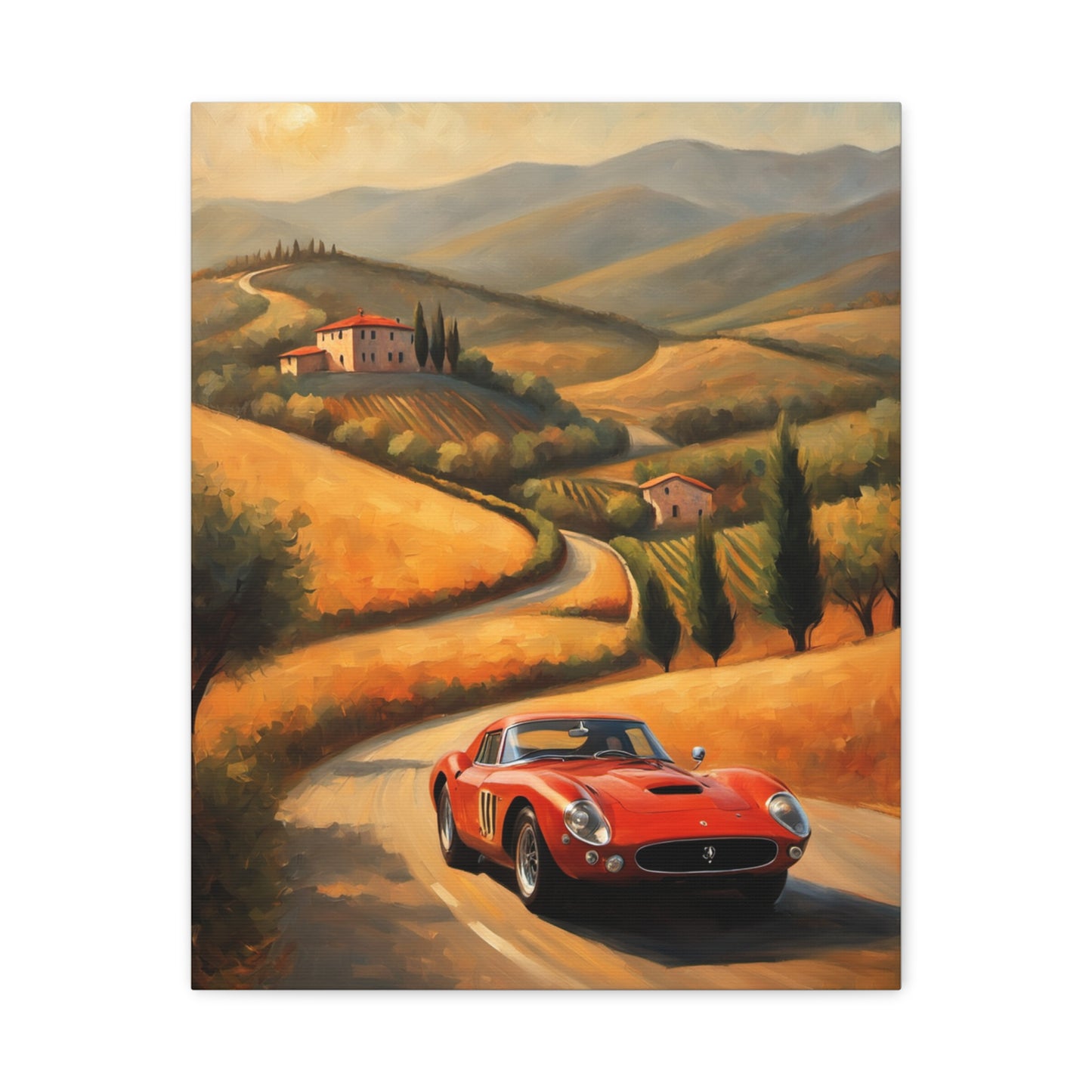 Classic Car Canvas Wall Art featuring a red vintage car driving through a scenic landscape