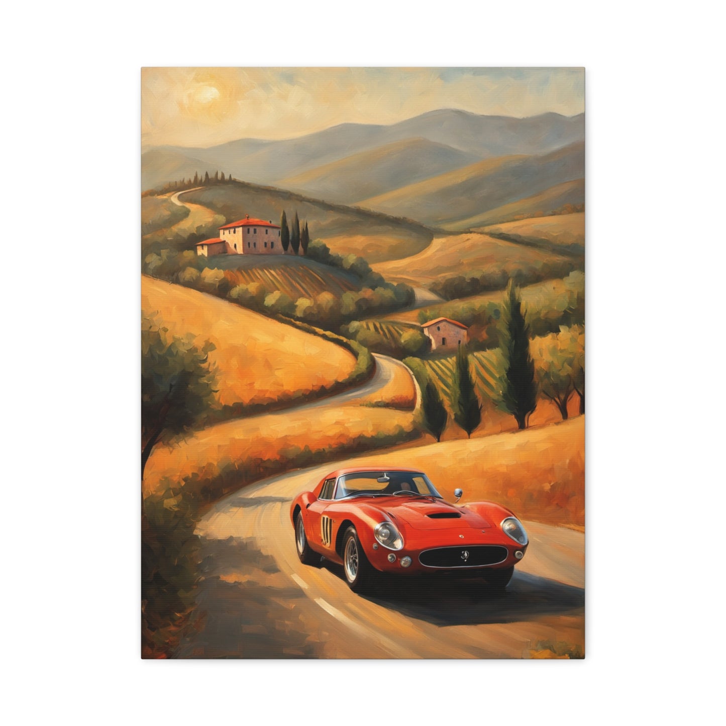 Classic Car Canvas Wall Art featuring a red sports car driving through a picturesque countryside landscape